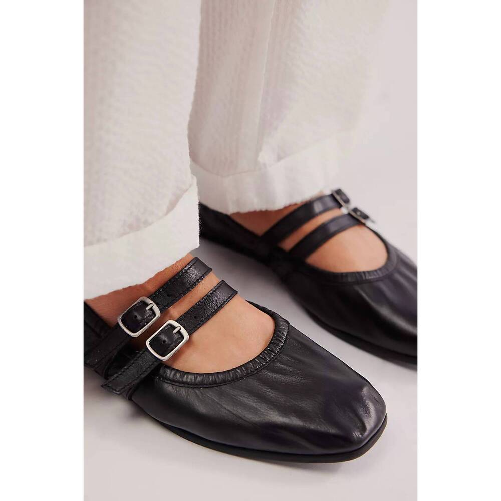 Free People Black Leather Double-Strap Flats